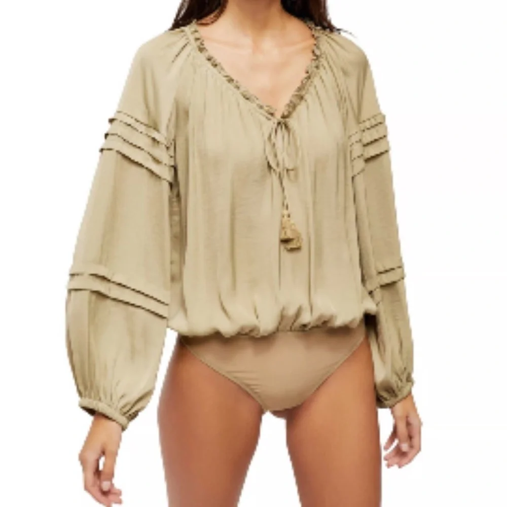 Free People All Tucks Bodysuit with Tassel Tie & Balloon Sleeves XS green